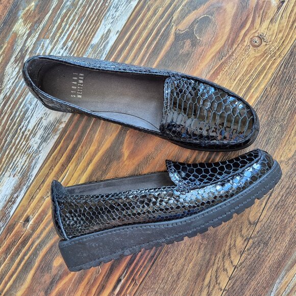 Stuart Weitzman Snake Embossed Patent Leather Wedge Slip Comfort Shoe Black - Picture 1 of 10